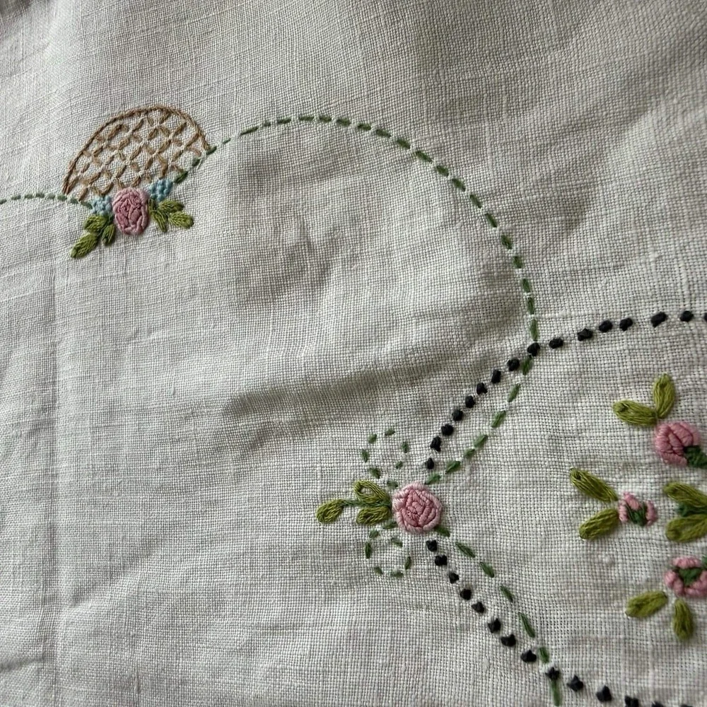Vtg Embroidered Crochet Dresser Scarf Table Runner Flower Basket 39